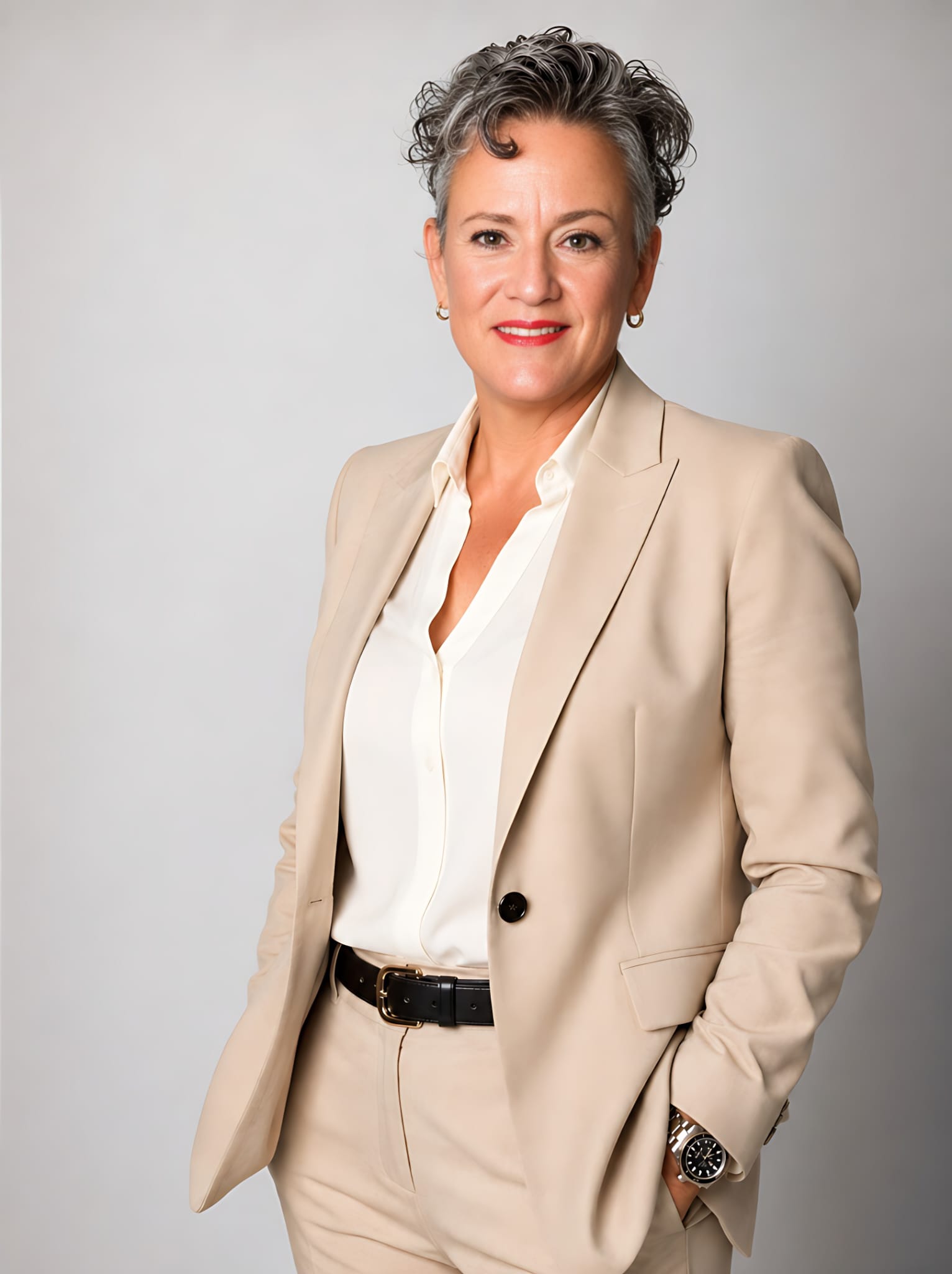 Aana Sharma im beigen Businessanzug